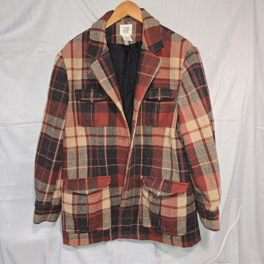 VTG GAP Wool Plaid Shirt Jacket Red Black Brown Preppy Sporty Unisex - AS IS